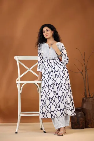 A-Line Kurta/Pant Set In White/Navy Blue Color