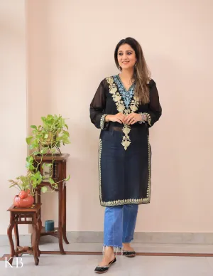 Black Lotus Vine Aari Embroidery Georgette Kurti