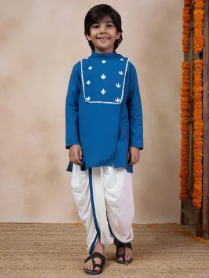 Boys Mandarin Collar Floral Yoke Design Regular Thread Work Kurta With Dhoti Pants