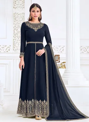 Front Slit Navy Blue Zari Embroidered Anarkali Suit