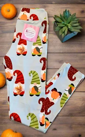 Girls Thanksgiving Gnome Pumpkin Leggings, Kids Yoga Pants, Sizes S/L, Yoga Waist, Gray/Orange, Exclusive Leggings