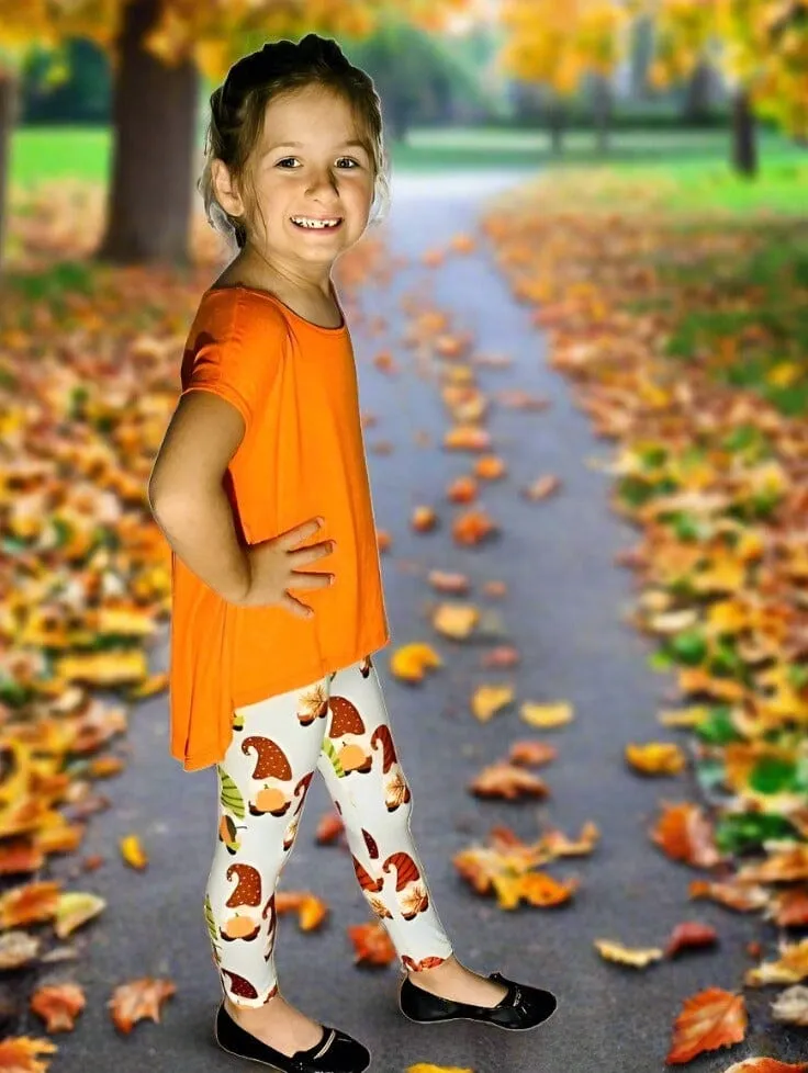 Girls Thanksgiving Gnome Pumpkin Leggings, Kids Yoga Pants, Sizes S/L, Yoga Waist, Gray/Orange, Exclusive Leggings