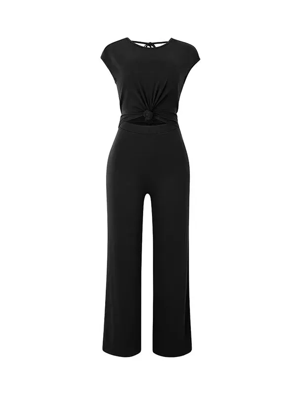 High Waisted Sleeveless Backless Hollow Knot Solid Color Tied Round-Neck Jumpsuits