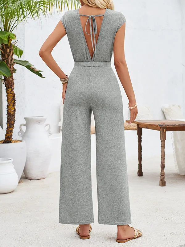 High Waisted Sleeveless Backless Hollow Knot Solid Color Tied Round-Neck Jumpsuits