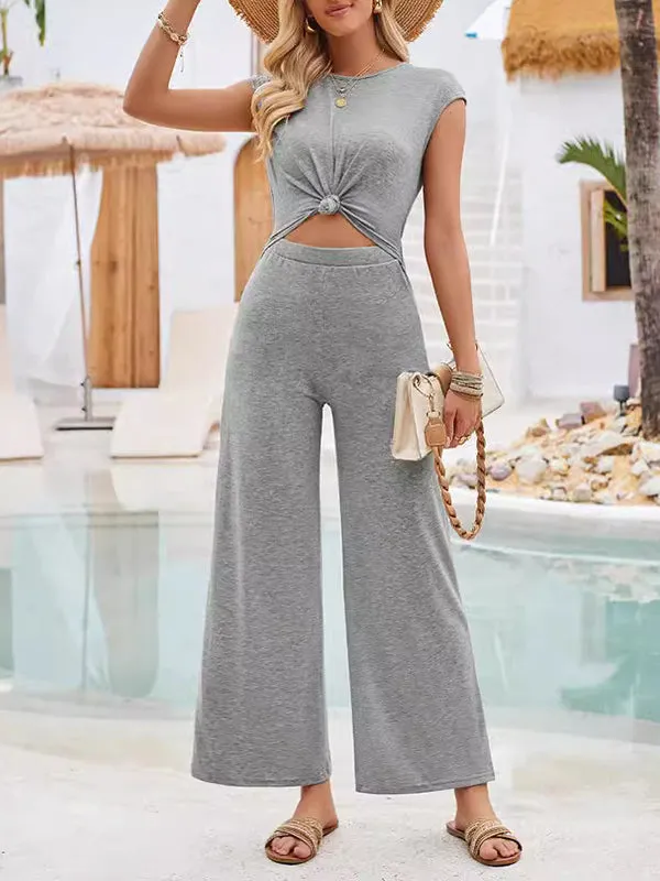 High Waisted Sleeveless Backless Hollow Knot Solid Color Tied Round-Neck Jumpsuits