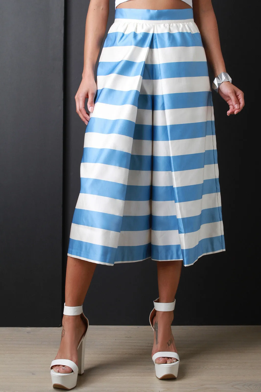 Horizontal Stripe Wide Leg Culotte Pants