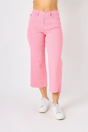 Judy Blue High Waist Tummy Control Garment Dyed Pink Wide Leg Crop Denim 88822