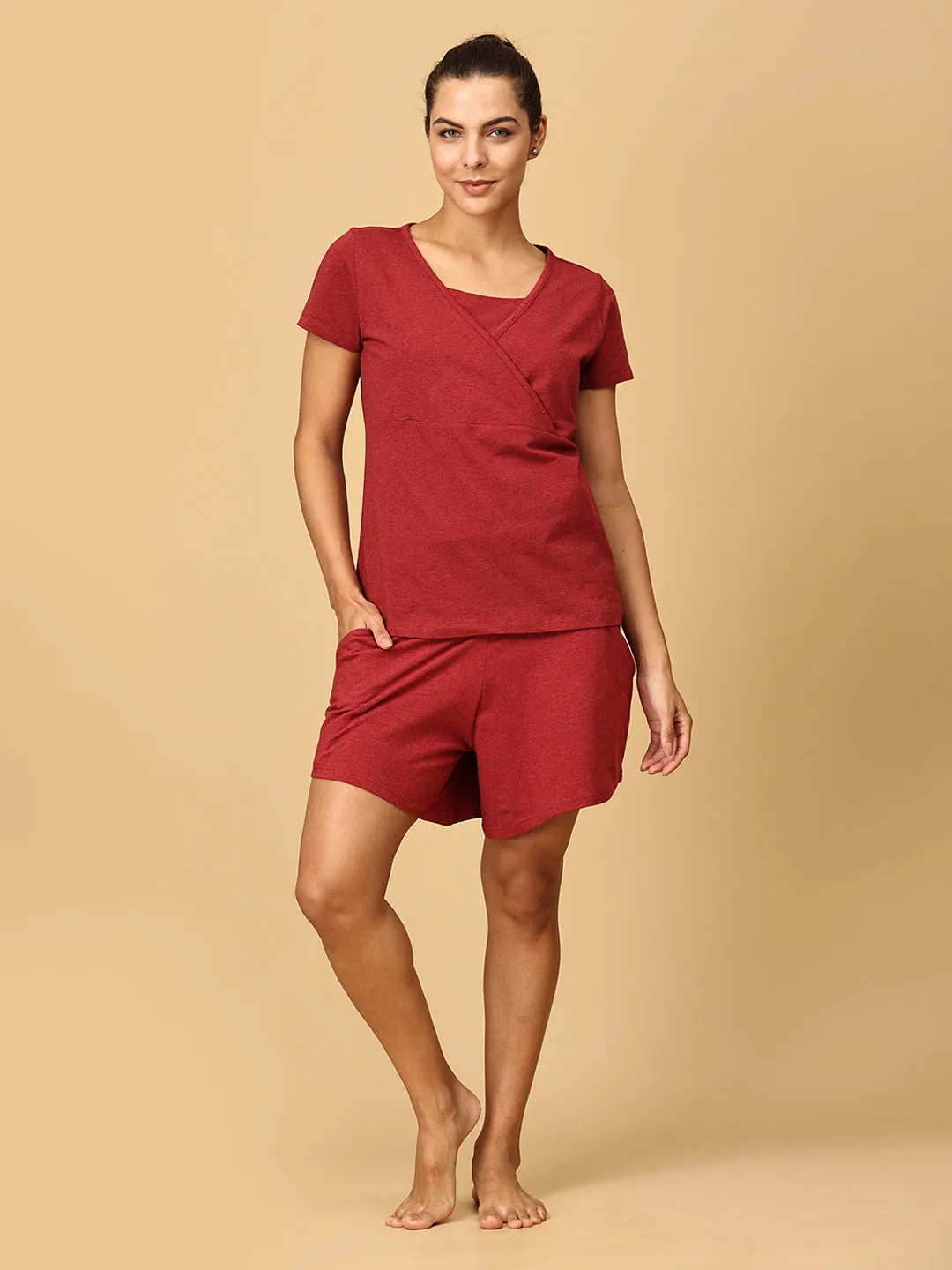 Maternity and Nursing Top & Maternity Shorts Combo- Red Melange