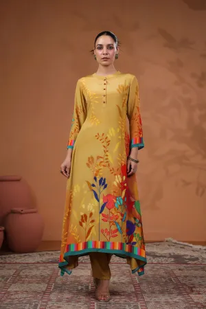 Mustard Floral Printed Muslin Silk Kurta Set