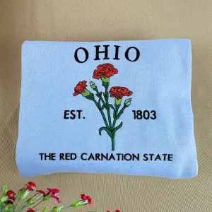 Ohio State Sweatshirt or Hoodie, Embroidered Gift - Est. 1803 Red Carnation Flower