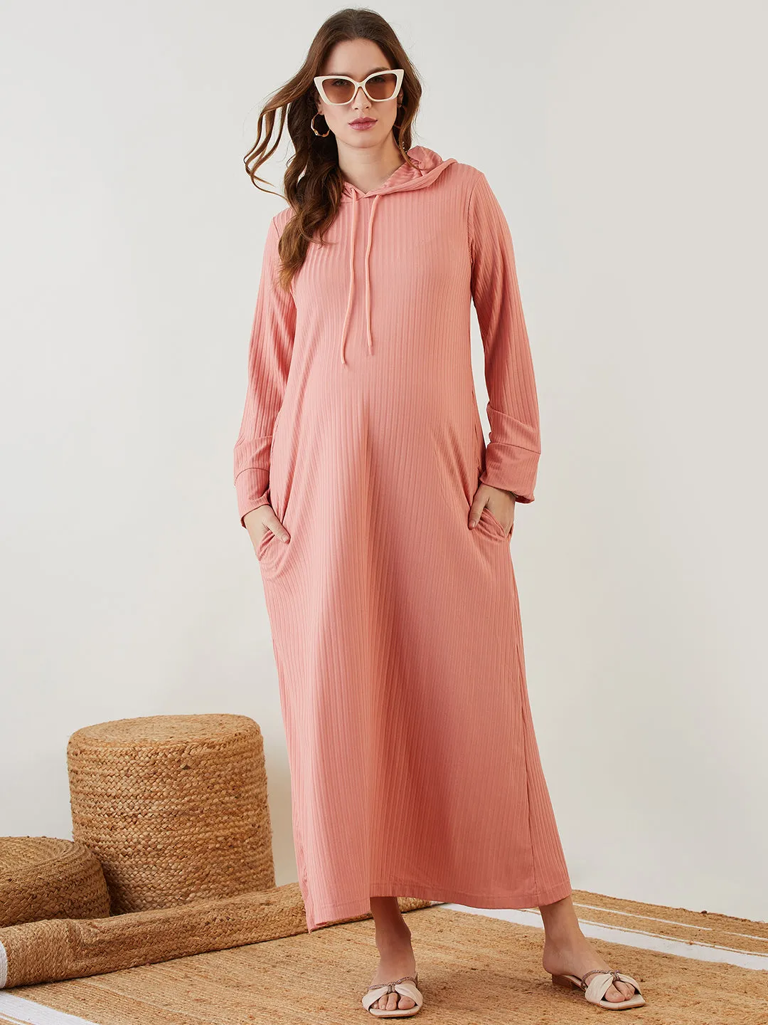 Peach Hooded Rib Maternity Dress