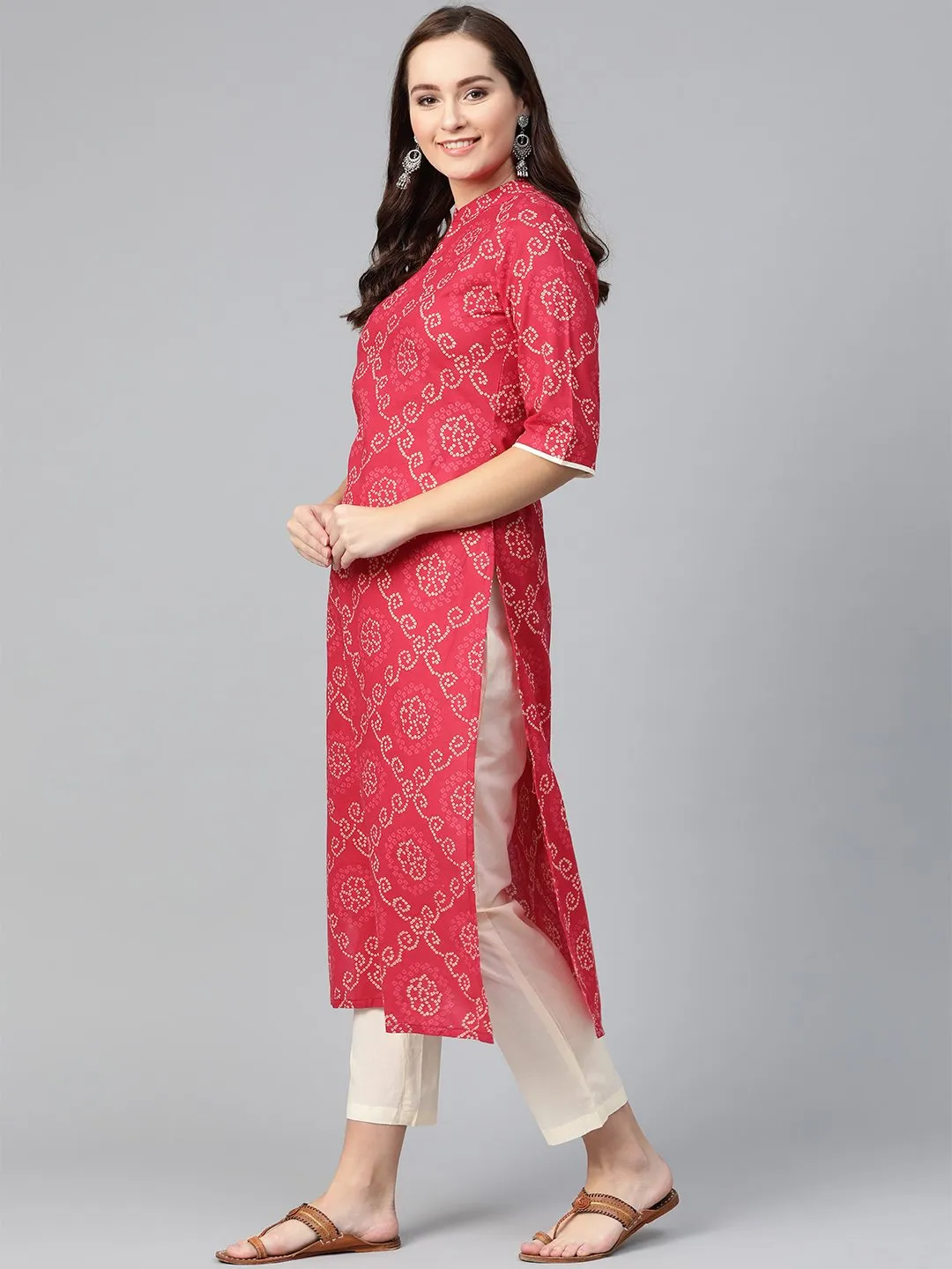 Red Bandhani Printed Kurta With Solid Cream Pants