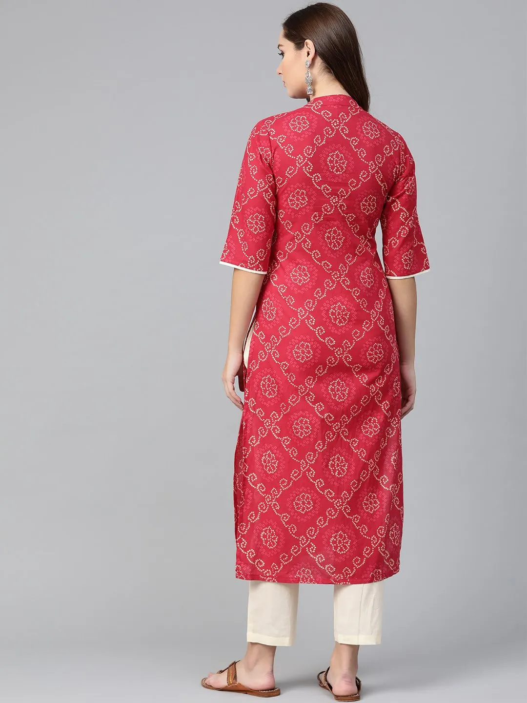 Red Bandhani Printed Kurta With Solid Cream Pants