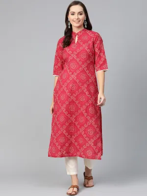 Red Bandhani Printed Kurta With Solid Cream Pants