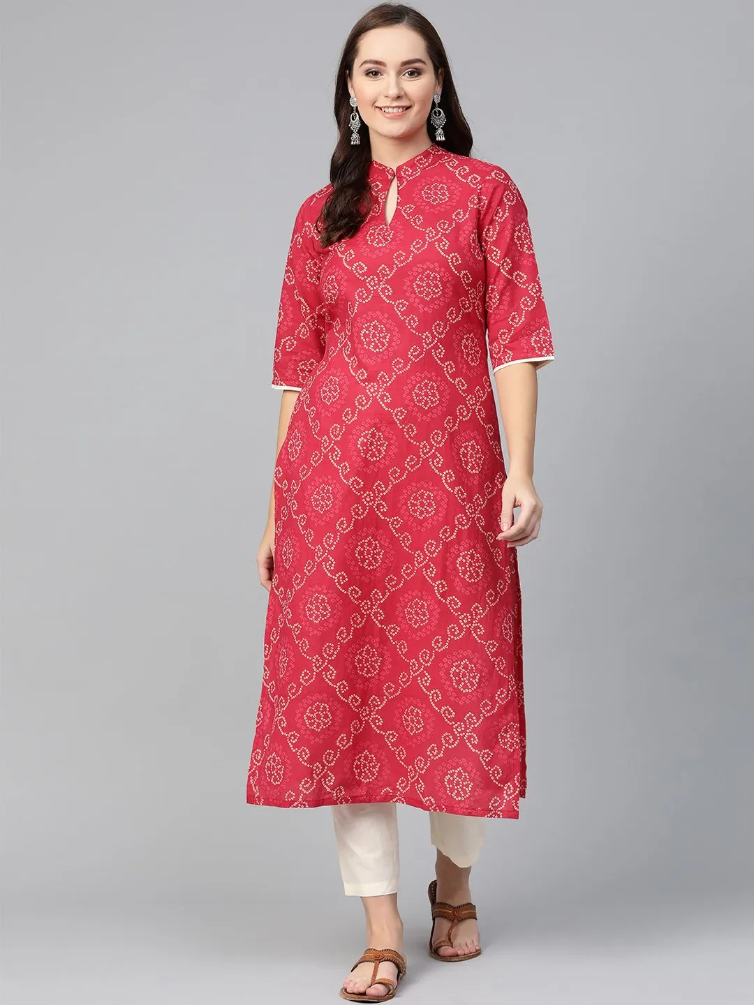 Red Bandhani Printed Kurta With Solid Cream Pants