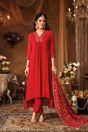 Red Embroidered Georgette Silk Kurta Pants Set