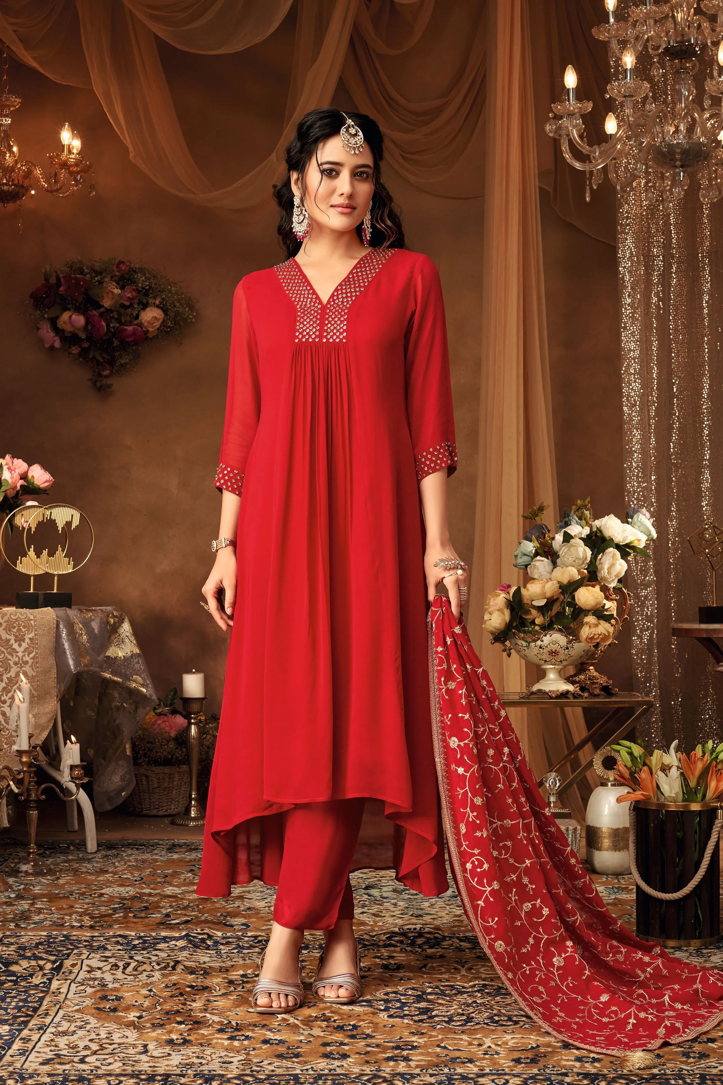 Red Embroidered Georgette Silk Kurta Pants Set