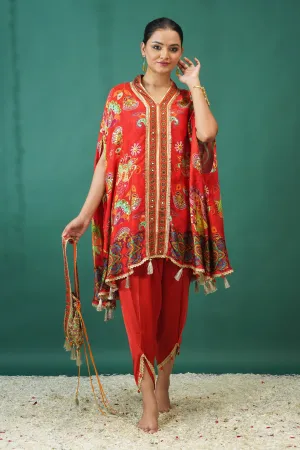 Red Floral Printed Crepe Silk Kaftan Set