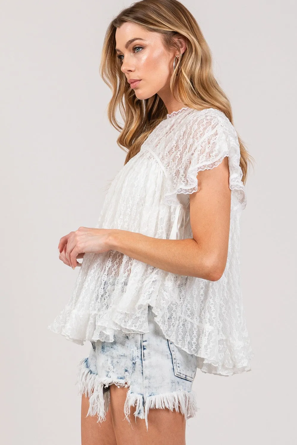 SAGE   FIG Round Neck Short Sleeve Lace Blouse