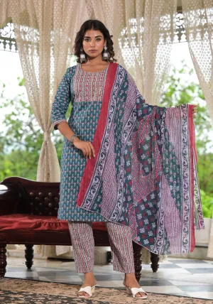 Teal Blue Ethnic Motif Printed Cotton Kurta, Pant And Dupatta Set With Zari & Thread Work