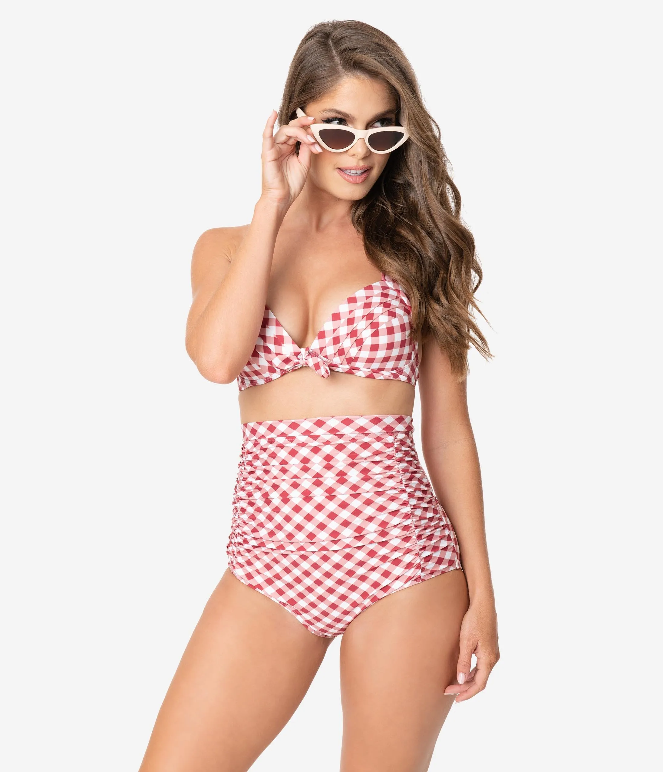 Unique Vintage Red & White Gingham Monroe High Waist Swim Bottom