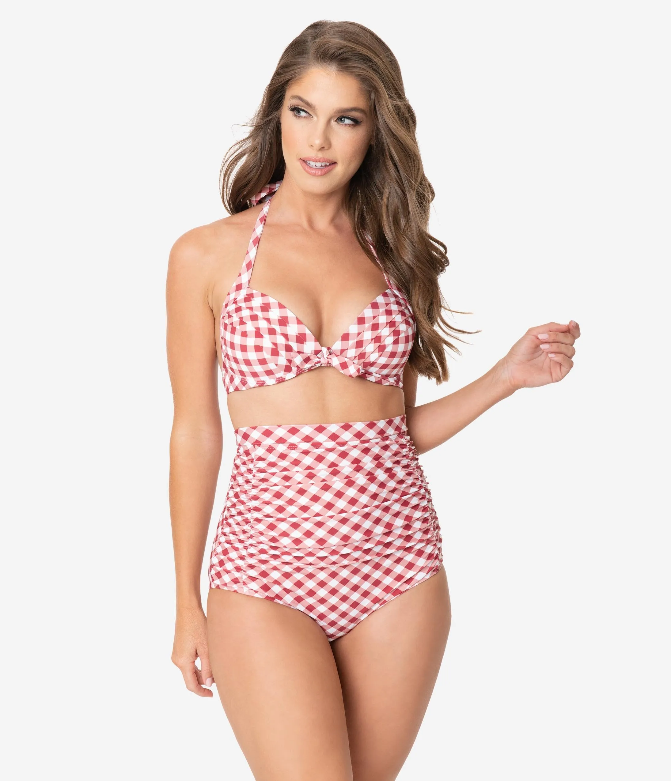 Unique Vintage Red & White Gingham Monroe High Waist Swim Bottom