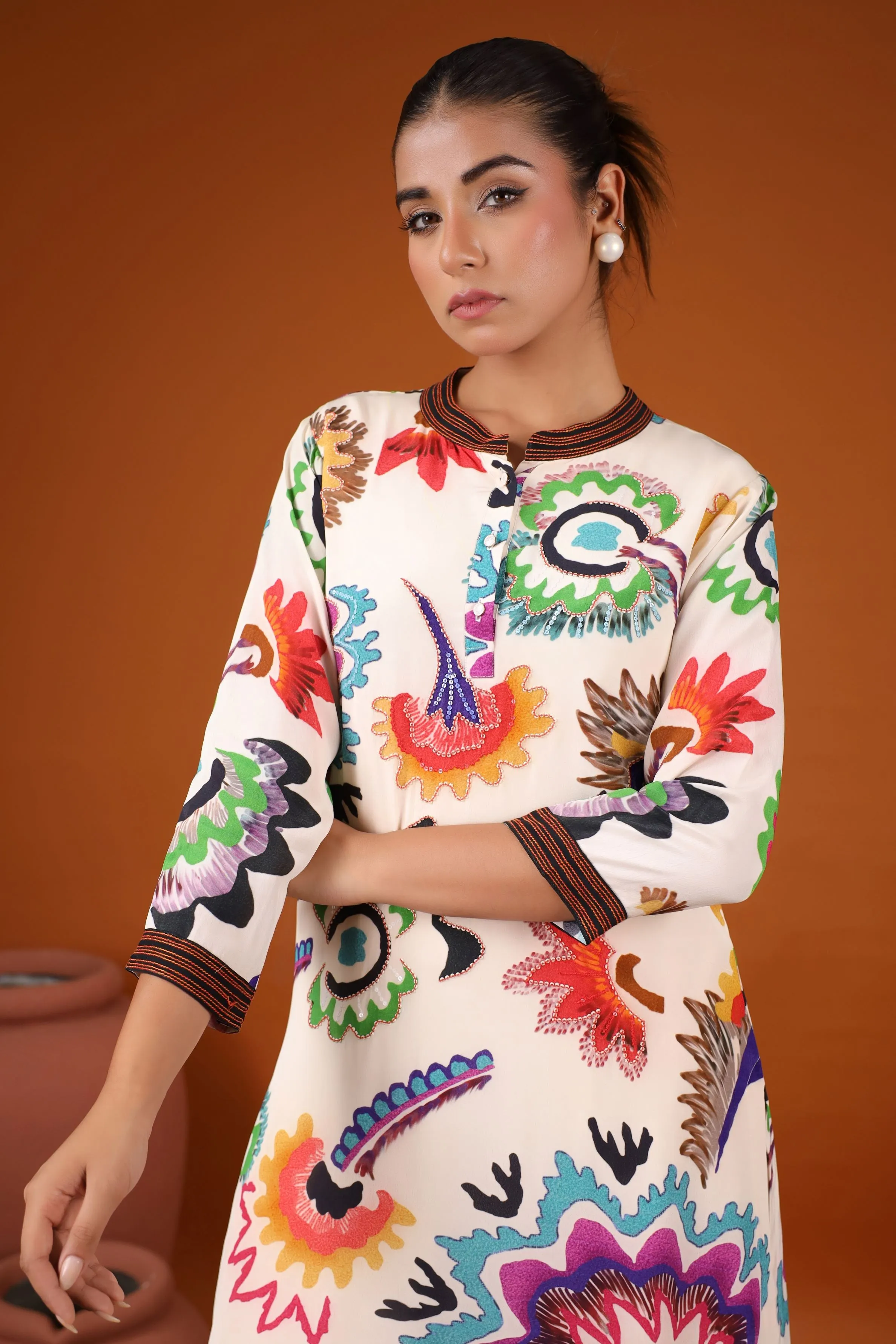 White Abstract Floral Printed Kurta Set