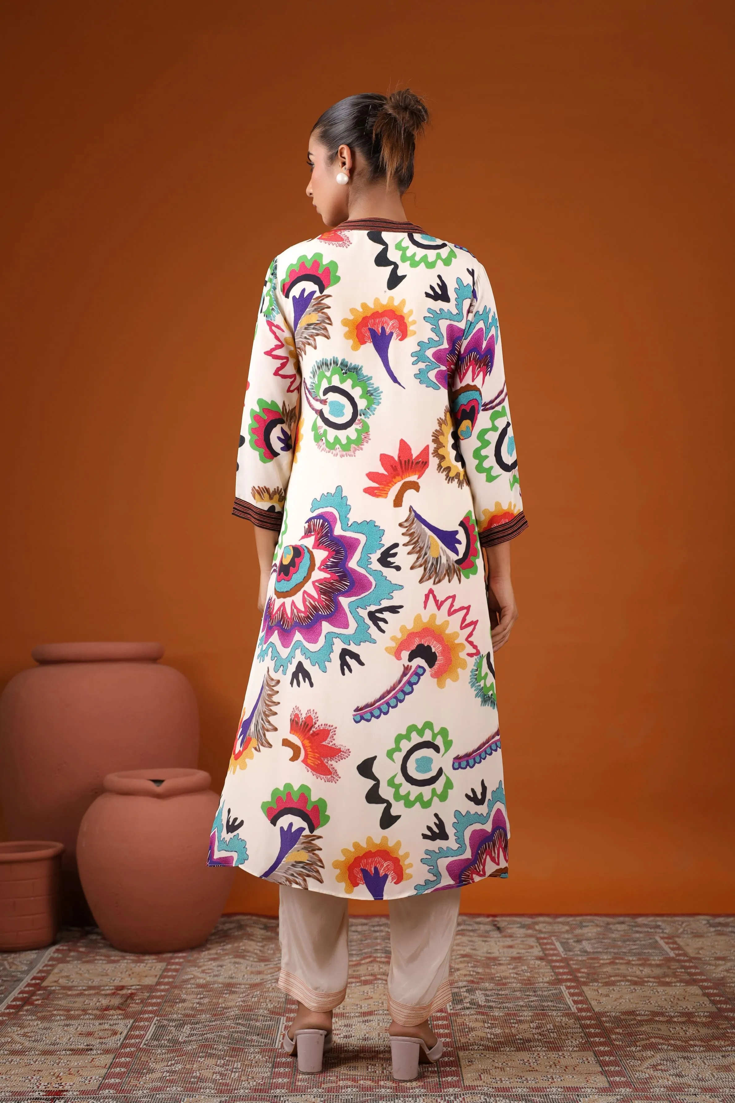 White Abstract Floral Printed Kurta Set