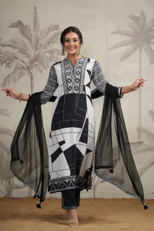 White Abstract Printed Moorish Crepe Kurta Set